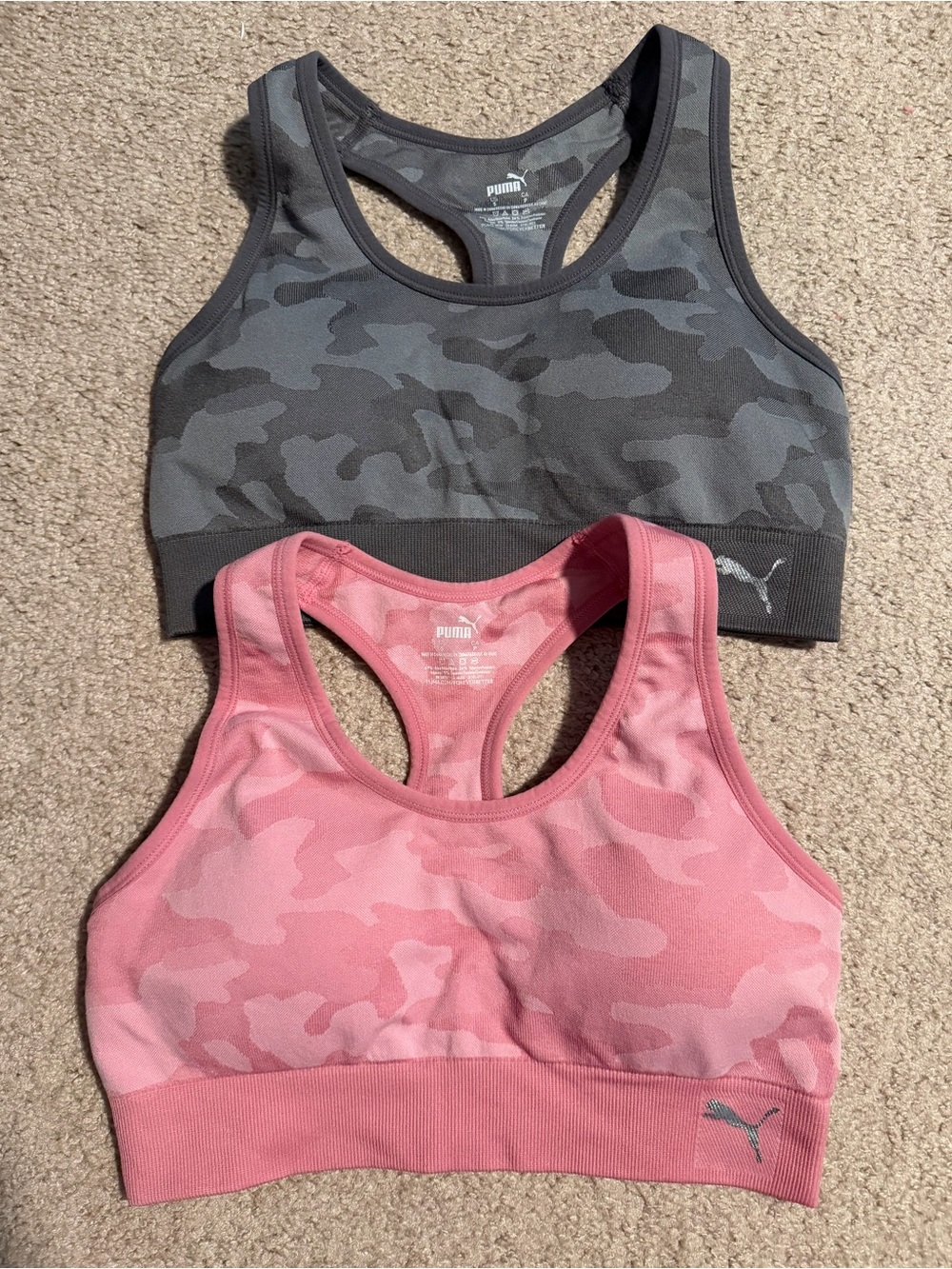 Puma set of gray and pink camo sports bras size small